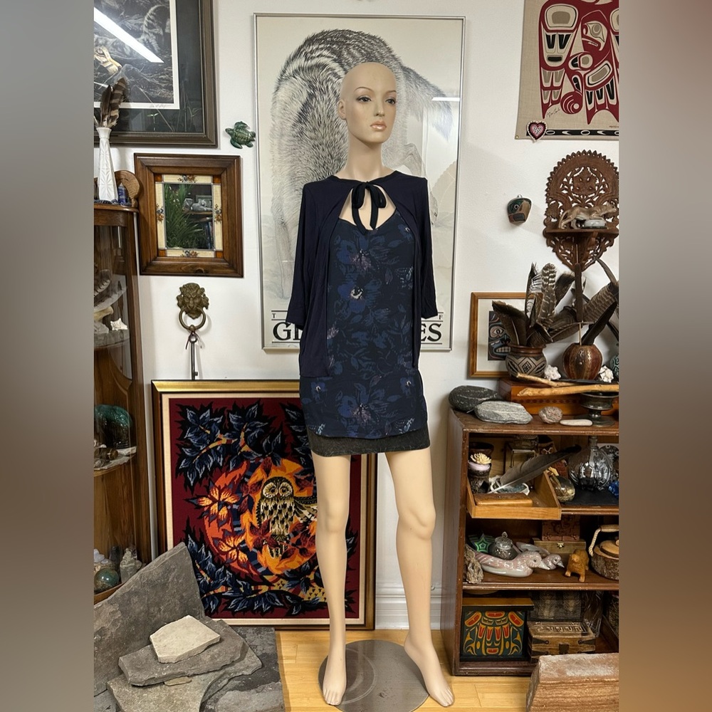 Navy Floral Blouse with Attached ‘Shrug’ with 3/4 Sleeves
